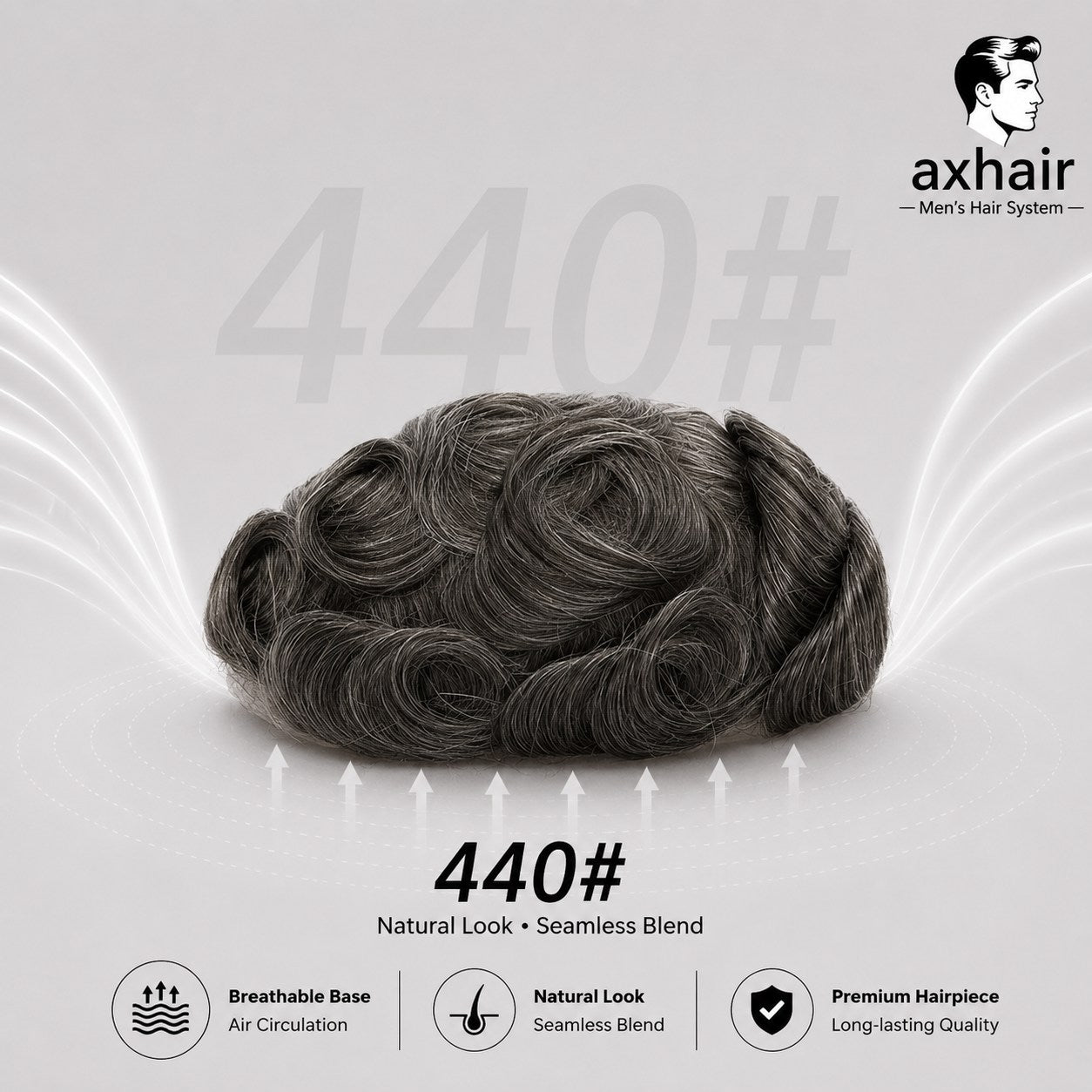 Men's hair unit, dark wavy full-cap natural look seamless blend, 440# color